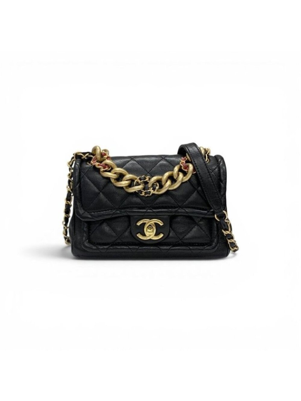 Chanel Shoulder Bag Black Gold Quilted Turnlock CC Logo Chain 2-Way
